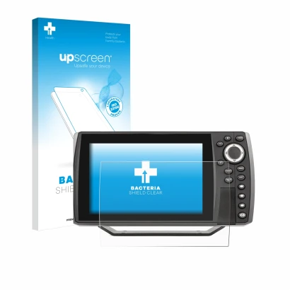 Parte frontal de un envase de producto con el logotipo de la marca upscreen. Al lado se muestra el dispositivo Humminbird Heli