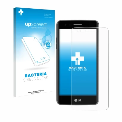 Parte frontal de un envase de producto con el logotipo de la marca upscreen. Al lado se muestra el dispositivo LG K8 2017 con