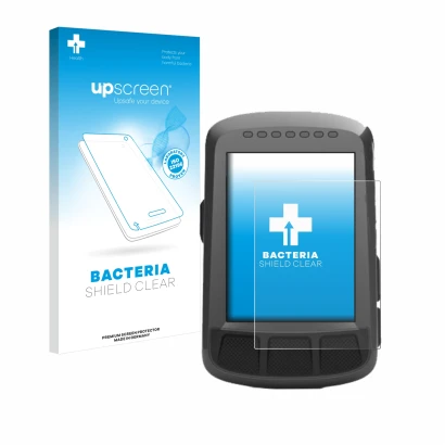 Parte frontal de un envase de producto con el logotipo de la marca upscreen. Al lado se muestra el dispositivo Wahoo Elemnt Bo