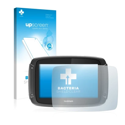 Parte frontal de un envase de producto con el logotipo de la marca upscreen. Al lado se muestra el dispositivo TomTom Rider 45