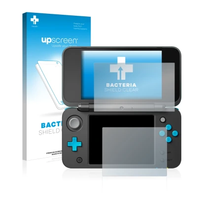 Parte frontal de un envase de producto con el logotipo de la marca upscreen. Al lado se muestra el dispositivo Nintendo 2DS XL