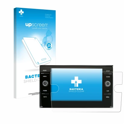 Parte frontal de un envase de producto con el logotipo de la marca upscreen. Al lado se muestra el dispositivo Volkswagen Comp