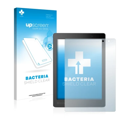 Parte frontal de un envase de producto con el logotipo de la marca upscreen. Al lado se muestra el dispositivo Kobo Aura One c
