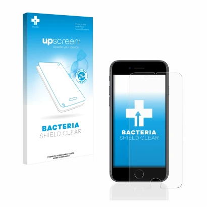 Parte frontal de un envase de producto con el logotipo de la marca upscreen. Al lado se muestra el dispositivo Apple iPhone 8