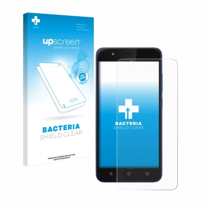 Parte frontal de un envase de producto con el logotipo de la marca upscreen. Al lado se muestra el dispositivo Gigaset GS270 p