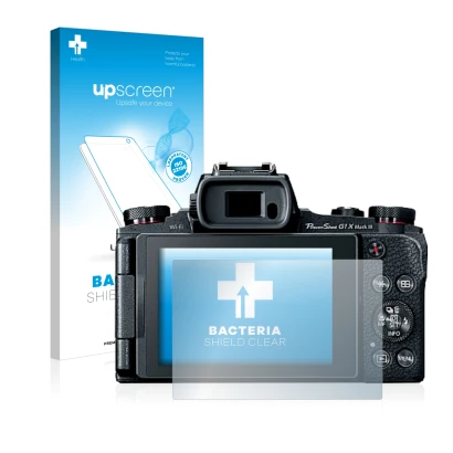 Parte frontal de un envase de producto con el logotipo de la marca upscreen. Al lado se muestra el dispositivo Canon PowerShot