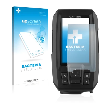Parte frontal de un envase de producto con el logotipo de la marca upscreen. Al lado se muestra el dispositivo Garmin Striker