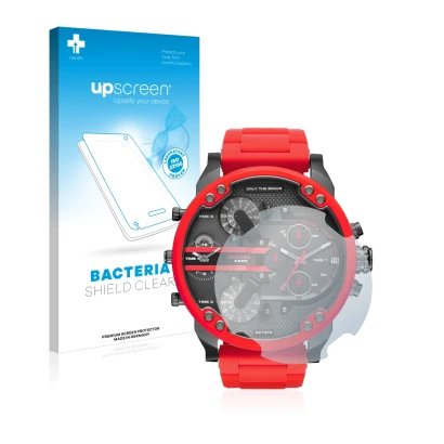 Parte frontal de un envase de producto con el logotipo de la marca upscreen. Al lado se muestra el dispositivo Diesel DZ7370 c