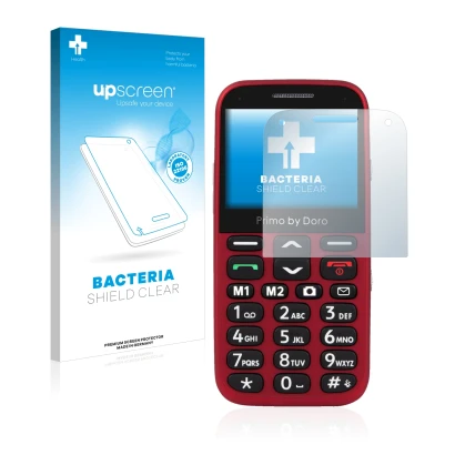 Parte frontal de un envase de producto con el logotipo de la marca upscreen. Al lado se muestra el dispositivo Doro Primo 366