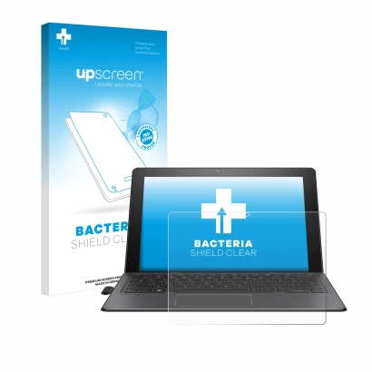 Parte frontal de un envase de producto con el logotipo de la marca upscreen. Al lado se muestra el dispositivo HP Pro x2 612 G