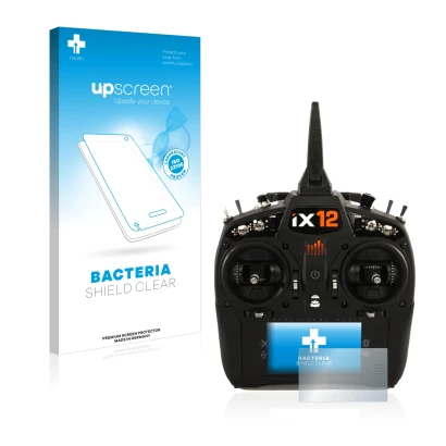 Parte frontal de un envase de producto con el logotipo de la marca upscreen. Al lado se muestra el dispositivo Spektrum IX12 c