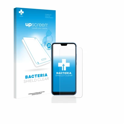 Parte frontal de un envase de producto con el logotipo de la marca upscreen. Al lado se muestra el dispositivo Huawei P20 lite