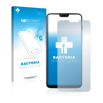 Parte frontal de un envase de producto con el logotipo de la marca upscreen. Al lado se muestra el dispositivo OnePlus 6 con s