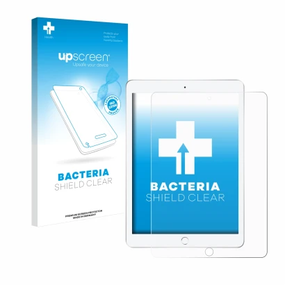 Parte frontal de un envase de producto con el logotipo de la marca upscreen. Al lado se muestra el dispositivo Apple iPad 9.7"