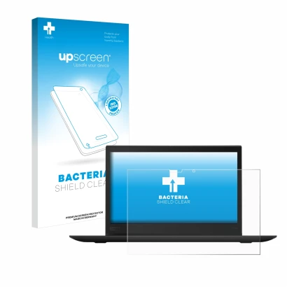 Parte frontal de un envase de producto con el logotipo de la marca upscreen. Al lado se muestra el dispositivo Lenovo ThinkPad