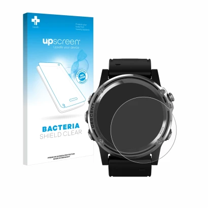 Parte frontal de un envase de producto con el logotipo de la marca upscreen. Al lado se muestra el dispositivo Garmin Descent 