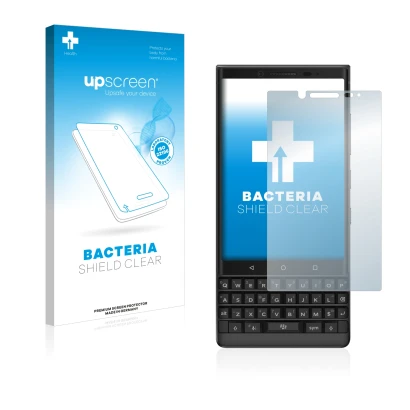 Parte frontal de un envase de producto con el logotipo de la marca upscreen. Al lado se muestra el dispositivo BlackBerry Key2