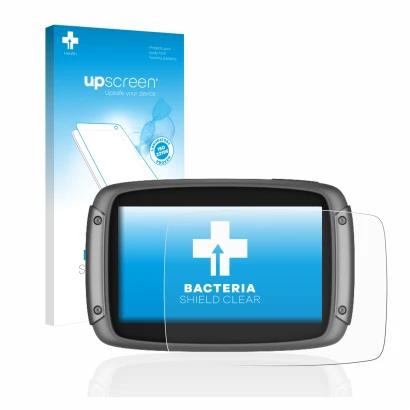 Parte frontal de un envase de producto con el logotipo de la marca upscreen. Al lado se muestra el dispositivo TomTom Rider 55