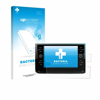 Parte frontal de un envase de producto con el logotipo de la marca upscreen. Al lado se muestra el dispositivo Volkswagen Polo