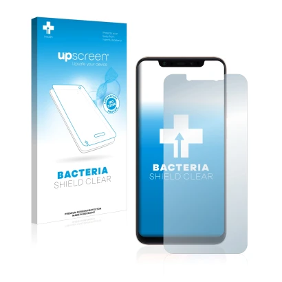 Parte frontal de un envase de producto con el logotipo de la marca upscreen. Al lado se muestra el dispositivo Xiaomi Mi 8 con