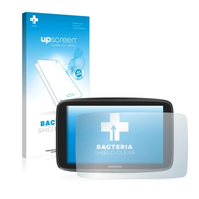 Parte frontal de un envase de producto con el logotipo de la marca upscreen. Al lado se muestra el dispositivo TomTom GO Campe