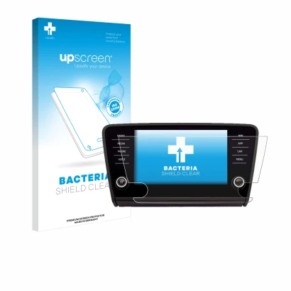 Parte frontal de un envase de producto con el logotipo de la marca upscreen. Al lado se muestra el dispositivo Skoda Amundsen 