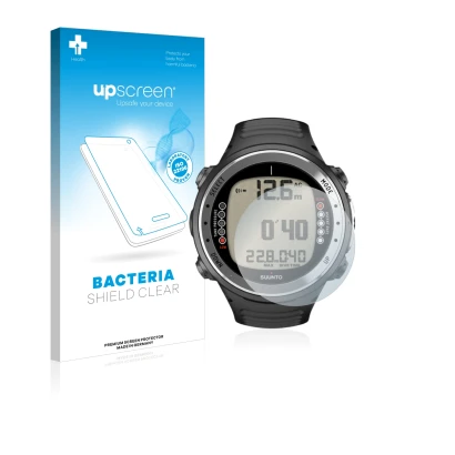 Parte frontal de un envase de producto con el logotipo de la marca upscreen. Al lado se muestra el dispositivo Suunto D4I con 