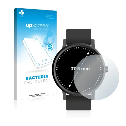Parte frontal de un envase de producto con el logotipo de la marca upscreen. Al lado se muestra el dispositivo Relojes (Circul