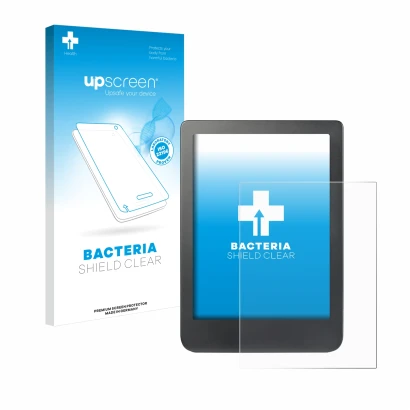 Parte frontal de un envase de producto con el logotipo de la marca upscreen. Al lado se muestra el dispositivo Kobo Clara HD (