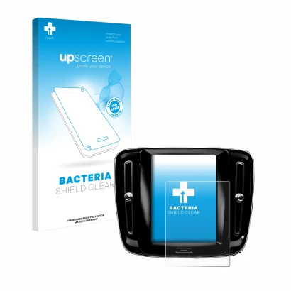 Parte frontal de un envase de producto con el logotipo de la marca upscreen. Al lado se muestra el dispositivo Volvo XC40 Sens