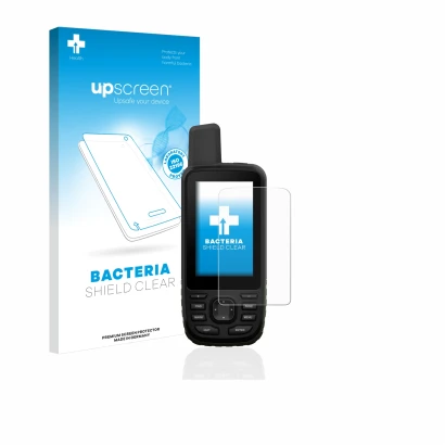 Parte frontal de un envase de producto con el logotipo de la marca upscreen. Al lado se muestra el dispositivo Garmin GPSMAP 6