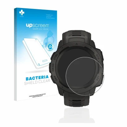 Parte frontal de un envase de producto con el logotipo de la marca upscreen. Al lado se muestra el dispositivo Garmin Instinct