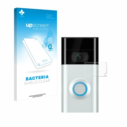 Parte frontal de un envase de producto con el logotipo de la marca upscreen. Al lado se muestra el dispositivo Ring Doorbell 2