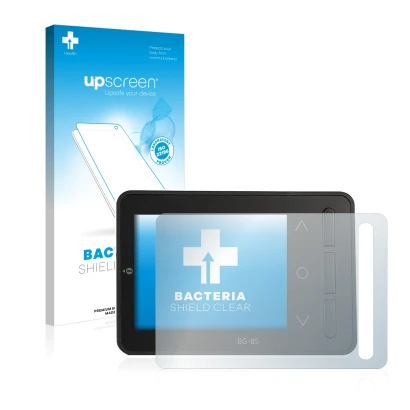 Parte frontal de un envase de producto con el logotipo de la marca upscreen. Al lado se muestra el dispositivo ISDT BG-8S con