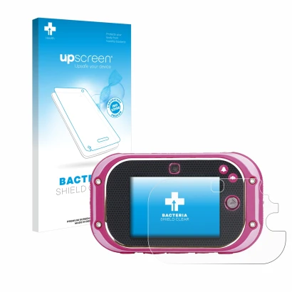 Parte frontal de un envase de producto con el logotipo de la marca upscreen. Al lado se muestra el dispositivo Vtech Kidizoom