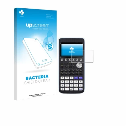 Parte frontal de un envase de producto con el logotipo de la marca upscreen. Al lado se muestra el dispositivo Casio FX-CG50 c