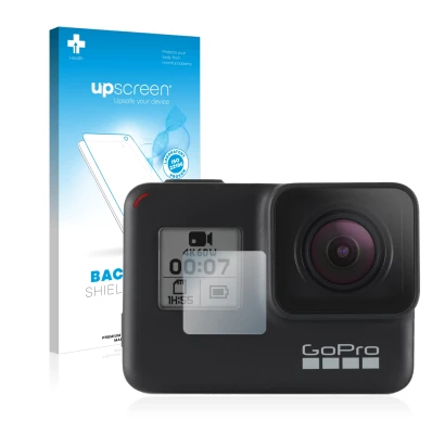 Parte frontal de un envase de producto con el logotipo de la marca upscreen. Al lado se muestra el dispositivo GoPro Hero 7 Bl