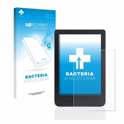Parte frontal de un envase de producto con el logotipo de la marca upscreen. Al lado se muestra el dispositivo Tolino Shine 3