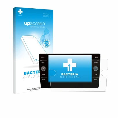 Parte frontal de un envase de producto con el logotipo de la marca upscreen. Al lado se muestra el dispositivo Volkswagen Golf