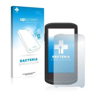 Parte frontal de un envase de producto con el logotipo de la marca upscreen. Al lado se muestra el dispositivo Zebra TC20 Touc