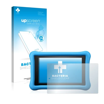 Parte frontal de un envase de producto con el logotipo de la marca upscreen. Al lado se muestra el dispositivo Amazon Fire HD