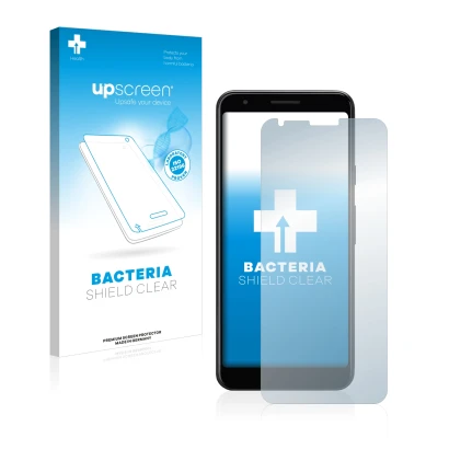 Parte frontal de un envase de producto con el logotipo de la marca upscreen. Al lado se muestra el dispositivo Google Pixel 3a