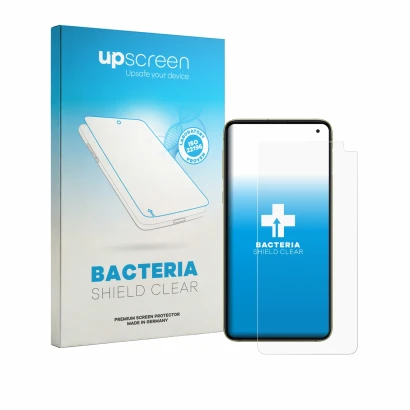 Parte frontal de un envase de producto con el logotipo de la marca upscreen. Al lado se muestra el dispositivo Samsung Galaxy