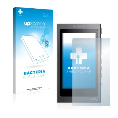 Parte frontal de un envase de producto con el logotipo de la marca upscreen. Al lado se muestra el dispositivo Sony Walkman A4