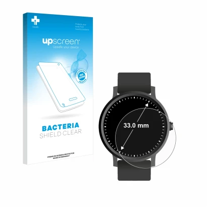 Parte frontal de un envase de producto con el logotipo de la marca upscreen. Al lado se muestra el dispositivo Circular Displa