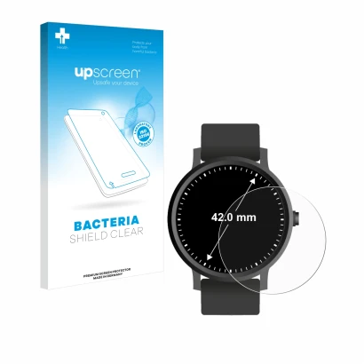 Parte frontal de un envase de producto con el logotipo de la marca upscreen. Al lado se muestra el dispositivo Circular Displa