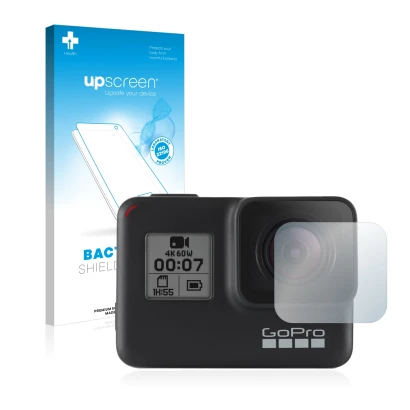 Parte frontal de un envase de producto con el logotipo de la marca upscreen. Al lado se muestra el dispositivo GoPro Hero 7 Bl