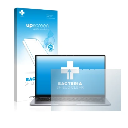 Parte frontal de un envase de producto con el logotipo de la marca upscreen. Al lado se muestra el dispositivo Dell Latitude 7