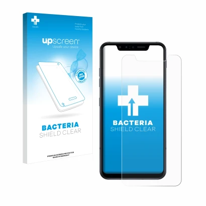 Parte frontal de un envase de producto con el logotipo de la marca upscreen. Al lado se muestra el dispositivo LG G8s ThinQ co