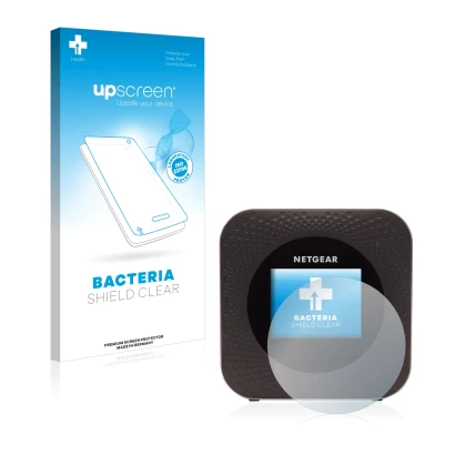 Parte frontal de un envase de producto con el logotipo de la marca upscreen. Al lado se muestra el dispositivo Netgear Nightha